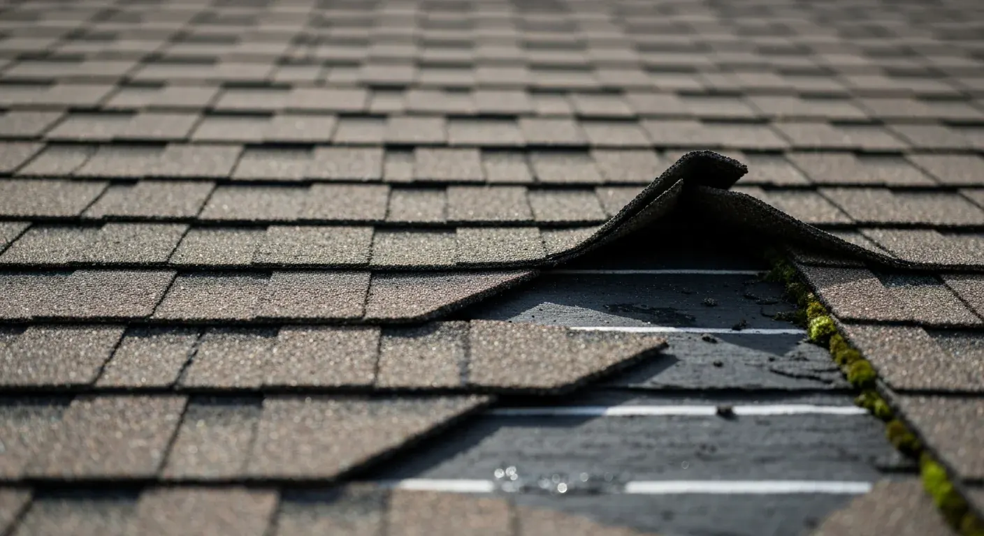 Close view of weathered asphalt shingles with granule loss and a cracked mat