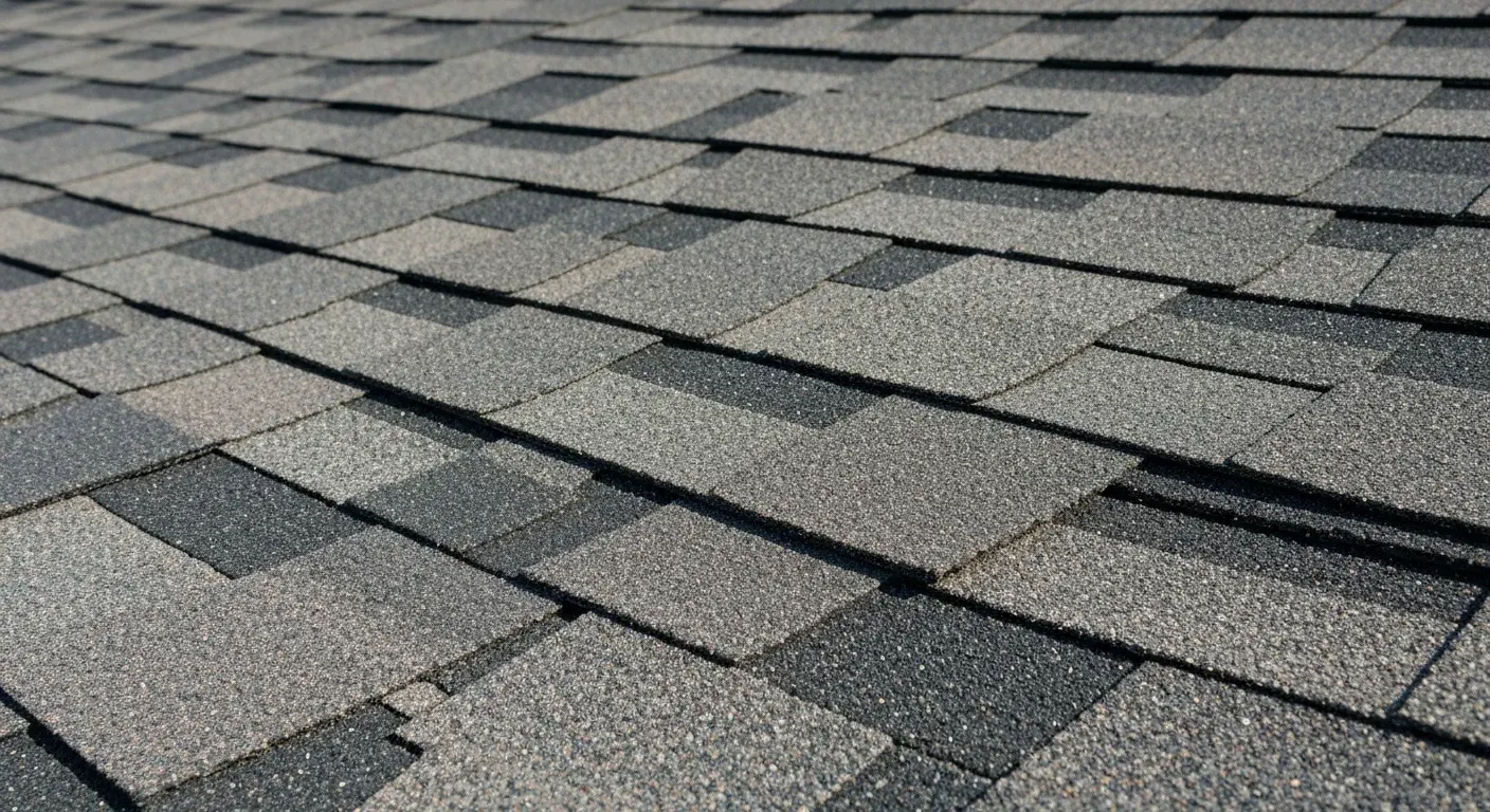 Architectural asphalt shingle surface photographed close enough to show the granule texture